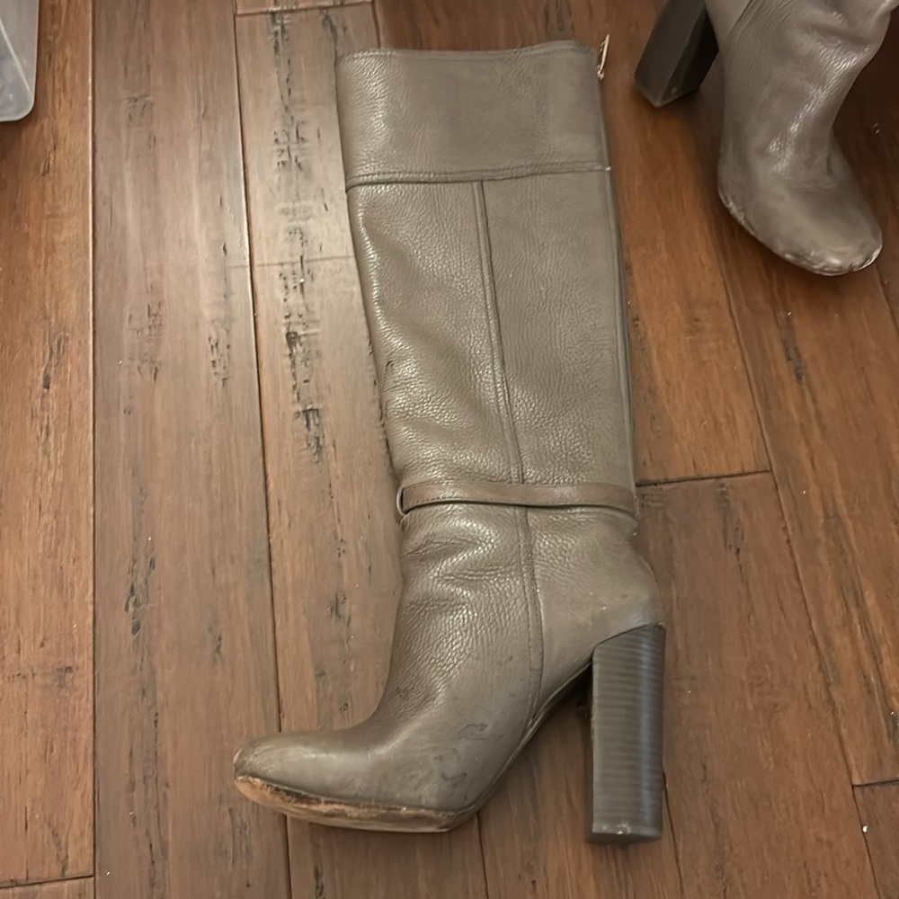 Tory Burch Taupe Leather Mid-Calf Heeled Boots with Gold Logo Strap - Picture 2 of 5